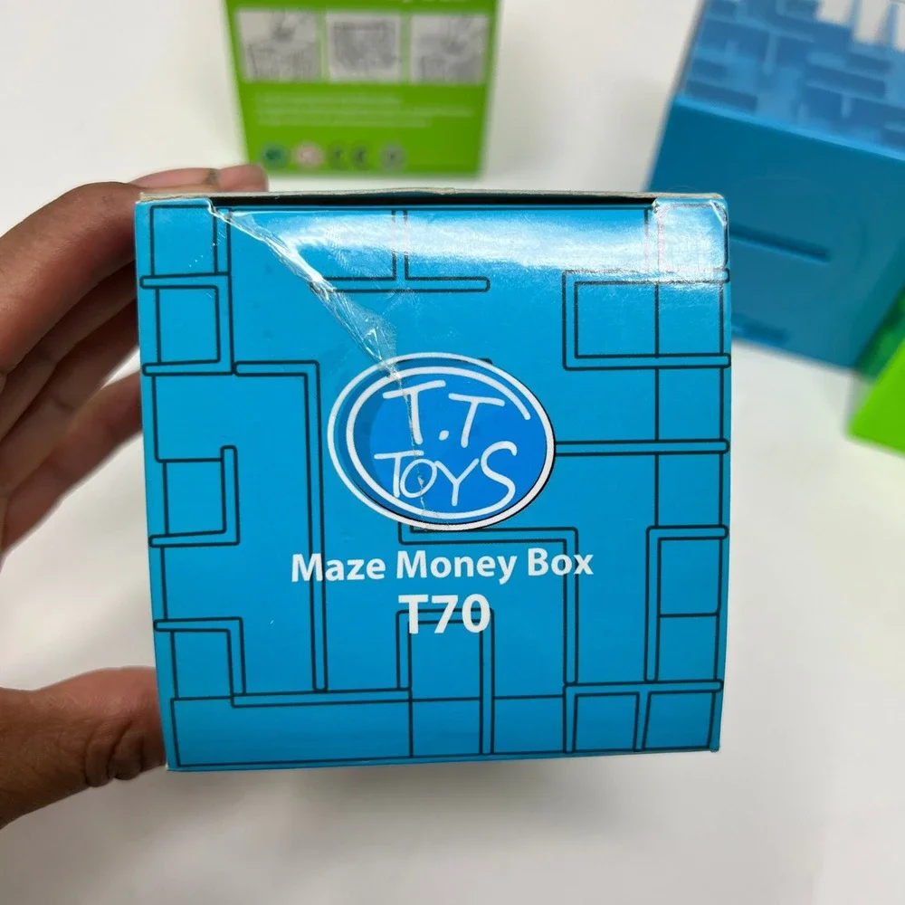 T.T. Toys Maze Money Box T70 Puzzle Bank Cube Blue & Green Lot of 2 Gift Novelty